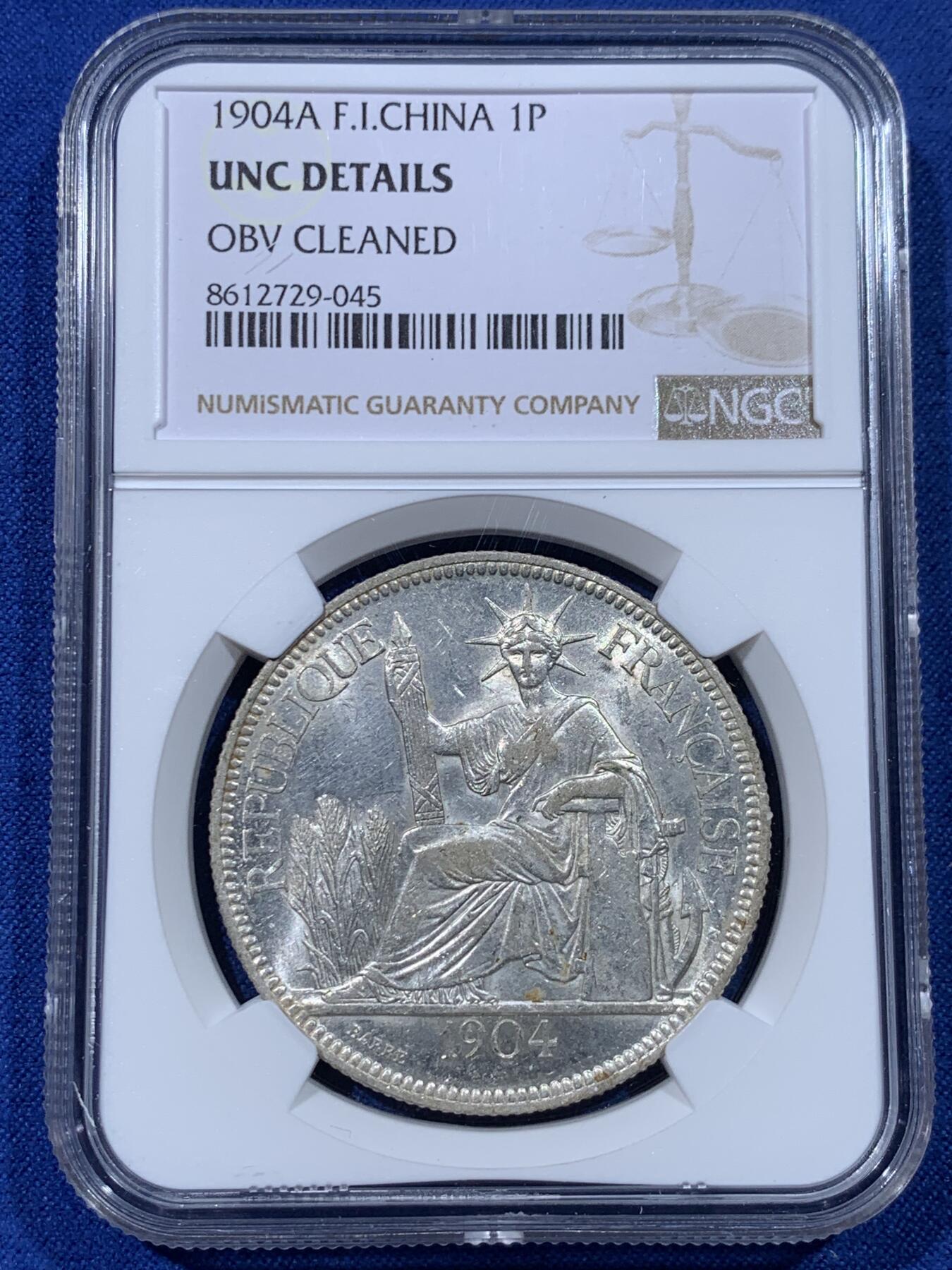 《竞宝斋》第442场 周日，周一，2场连拍 （全场包邮） NGC UNCD 法属印支 1904年 坐洋 1皮阿斯特 银币