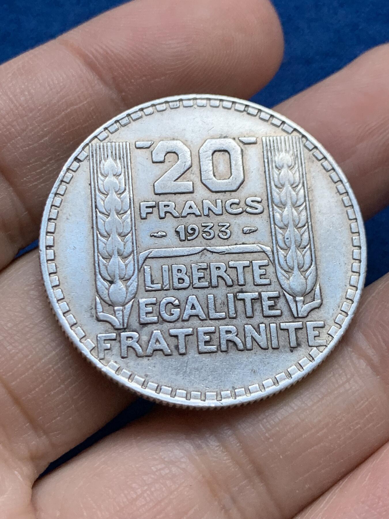 《竞宝斋》第442场 周日，周一，2场连拍 （全场包邮） 法国1933年谷物女神20法郎银币