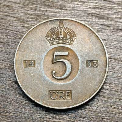 【铜匠收藏】★第133场★散币场，无佣金，30包邮。不满30元，支付5元运费。《接受代拍 代送NGC评级》 - 瑞典 1963年 5欧尔 铜币
