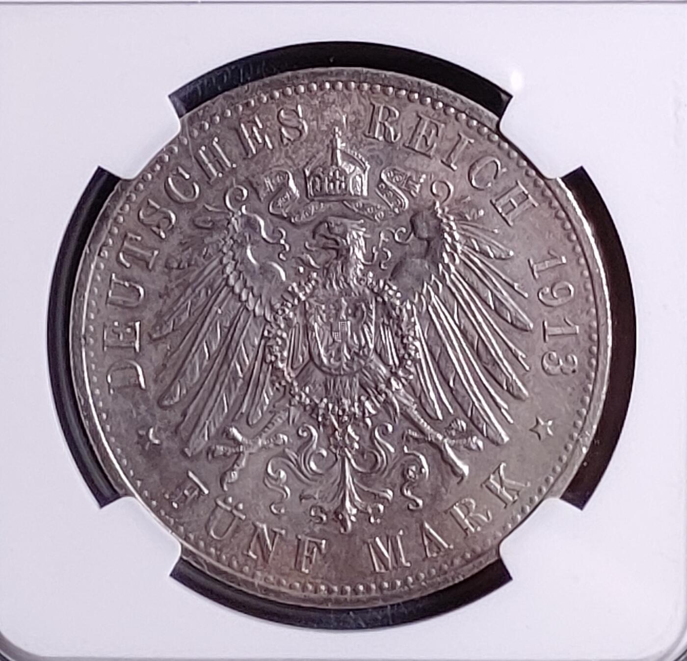 NGC UNC德国1913年A版普鲁士王国威廉二世（军装版）5马克银币