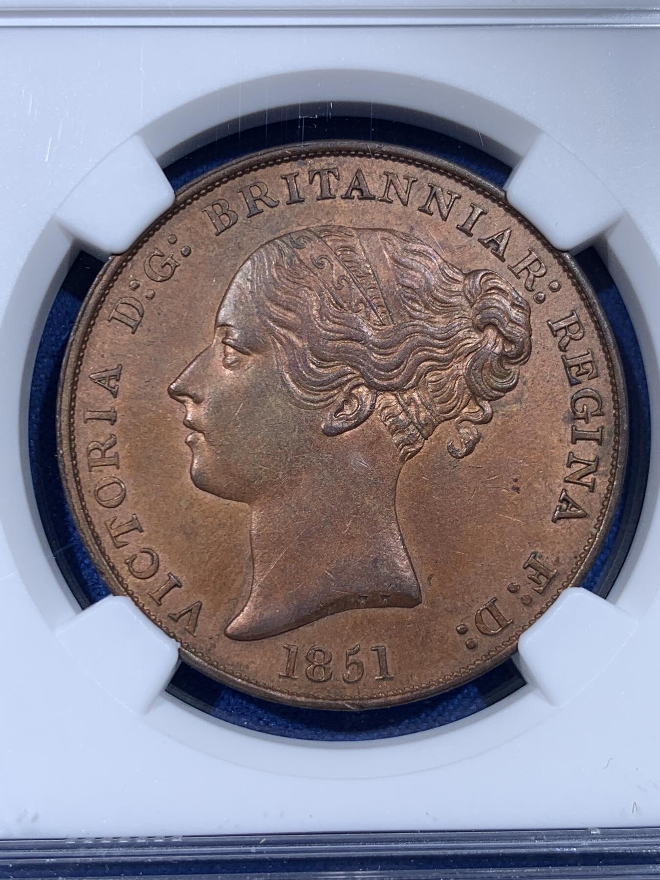 《竞宝斋》第442场 周日，周一，2场连拍 （全场包邮） NGC MS62BN 英属泽西1851年1/13先令大铜币，比英国本土1便士要少的多，少见品相，少见年份