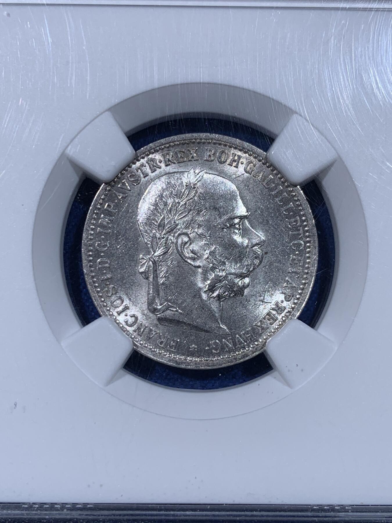 《竞宝斋》第442场 周日，周一，2场连拍 （全场包邮） NGC MS61 奥地利1893年1克朗银币 首年克朗 桂冠头像 不是烂大街的191x年秃头版 原光漂亮