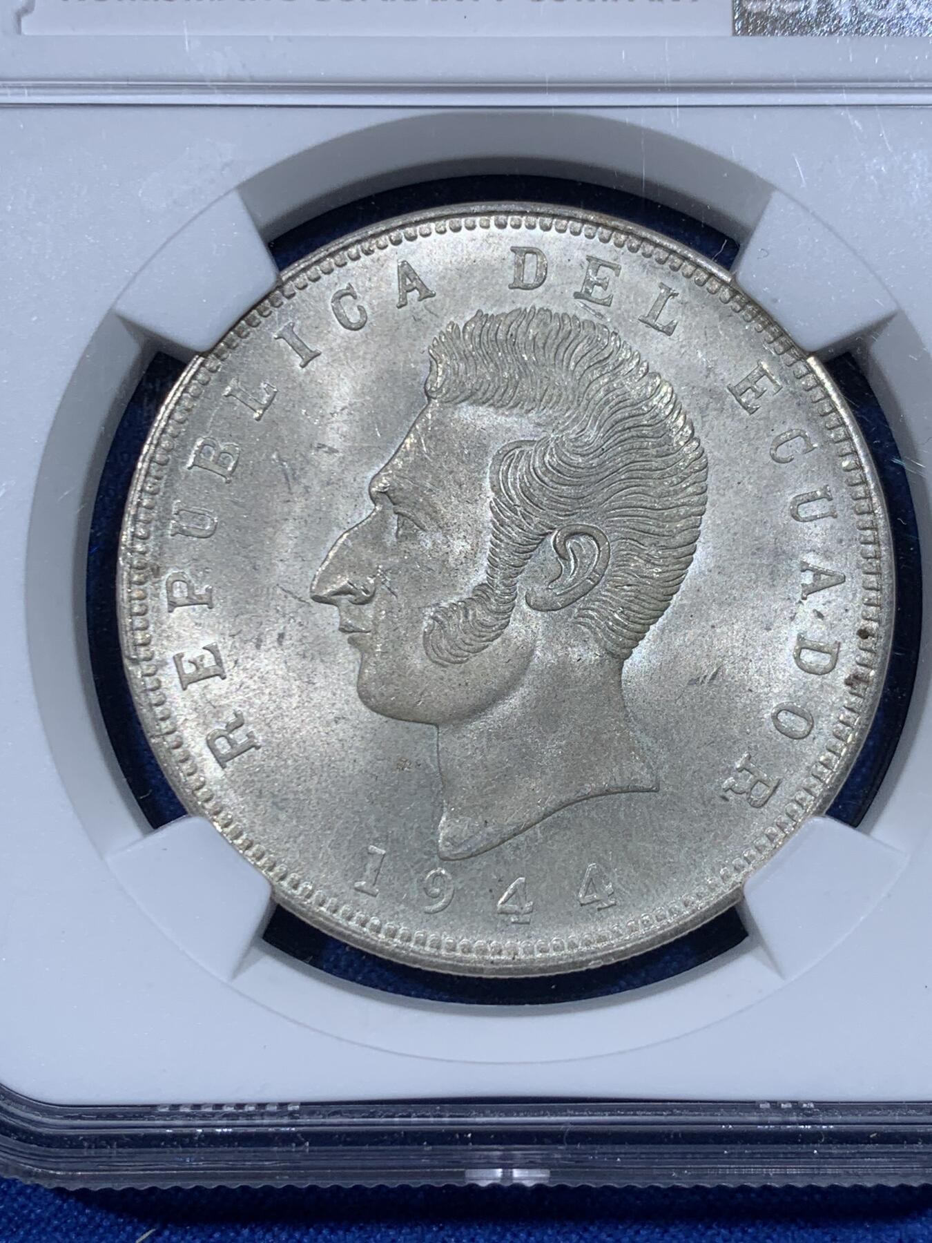 《竞宝斋》第442场 周日，周一，2场连拍 （全场包邮） NGC MS63 厄瓜多尔1944年5苏克雷大银币