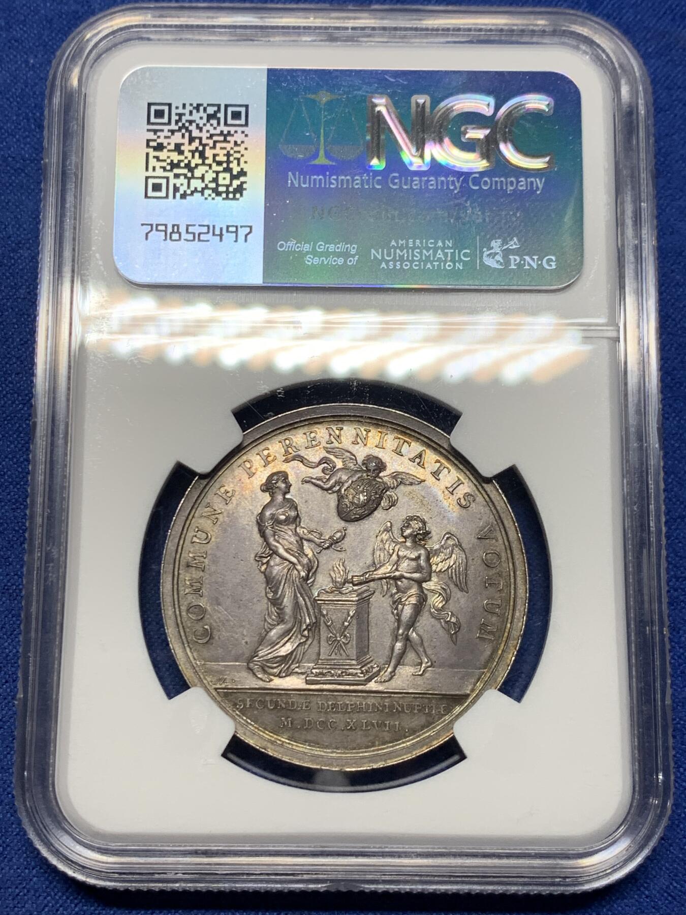 《竞宝斋》第442场 周日，周一，2场连拍 （全场包邮） NGC MS62 法国 1747年 路易十五 婚礼银章 高点清晰 这个品相着实少见