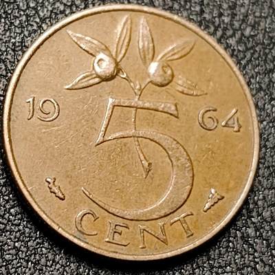 泉币菌-第138场-精品福利场（之前场次29日、30日发货，敬请谅解） - 荷兰1964年 5分青铜硬币朱丽安娜女王 21毫米