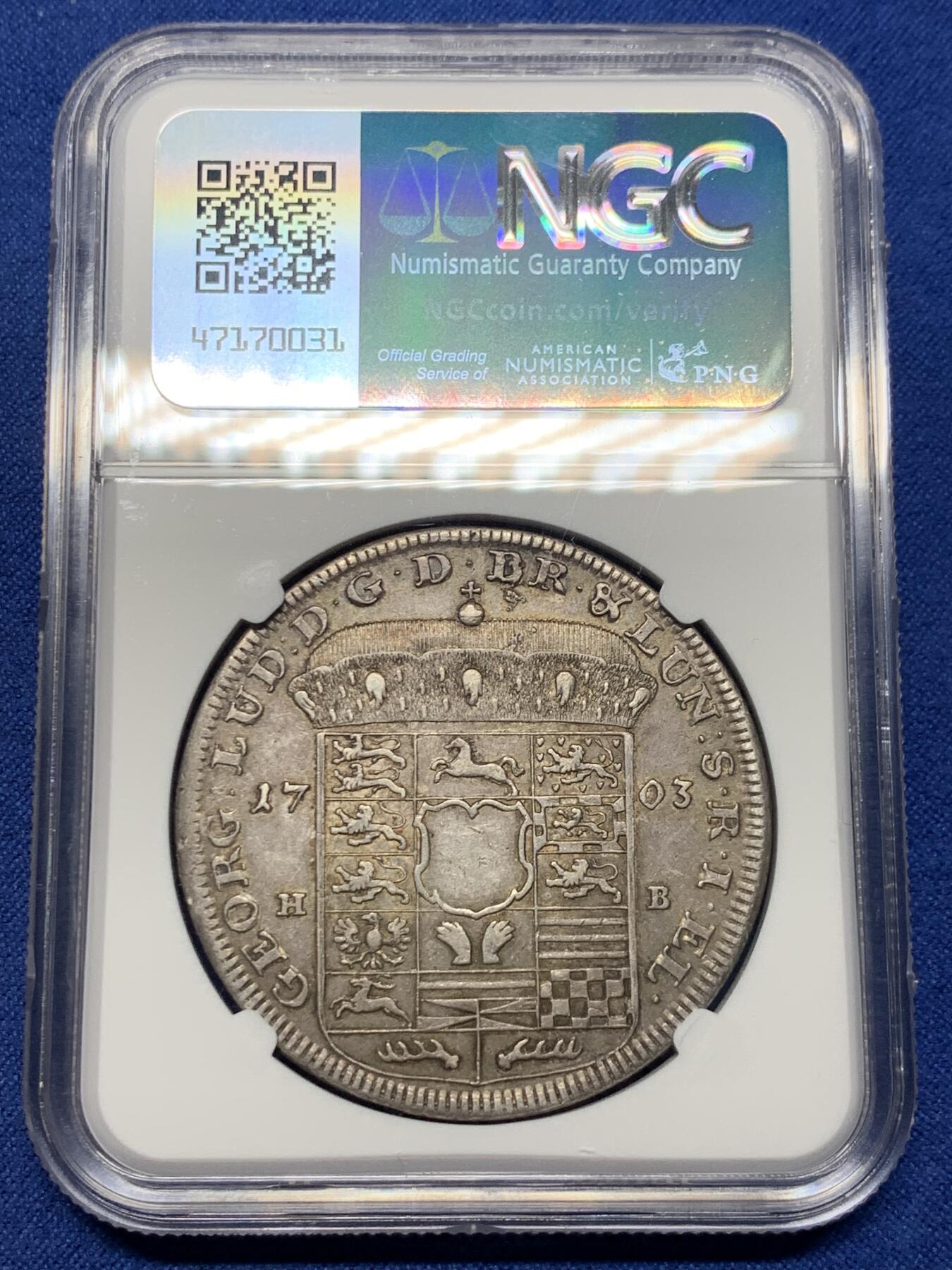 《竞宝斋》第442场 周日，周一，2场连拍 （全场包邮） NGC AU55 德国 1703年 布伦瑞克吕内堡 泰勒大银币 自然原味 这个时期的能有此状态 极好