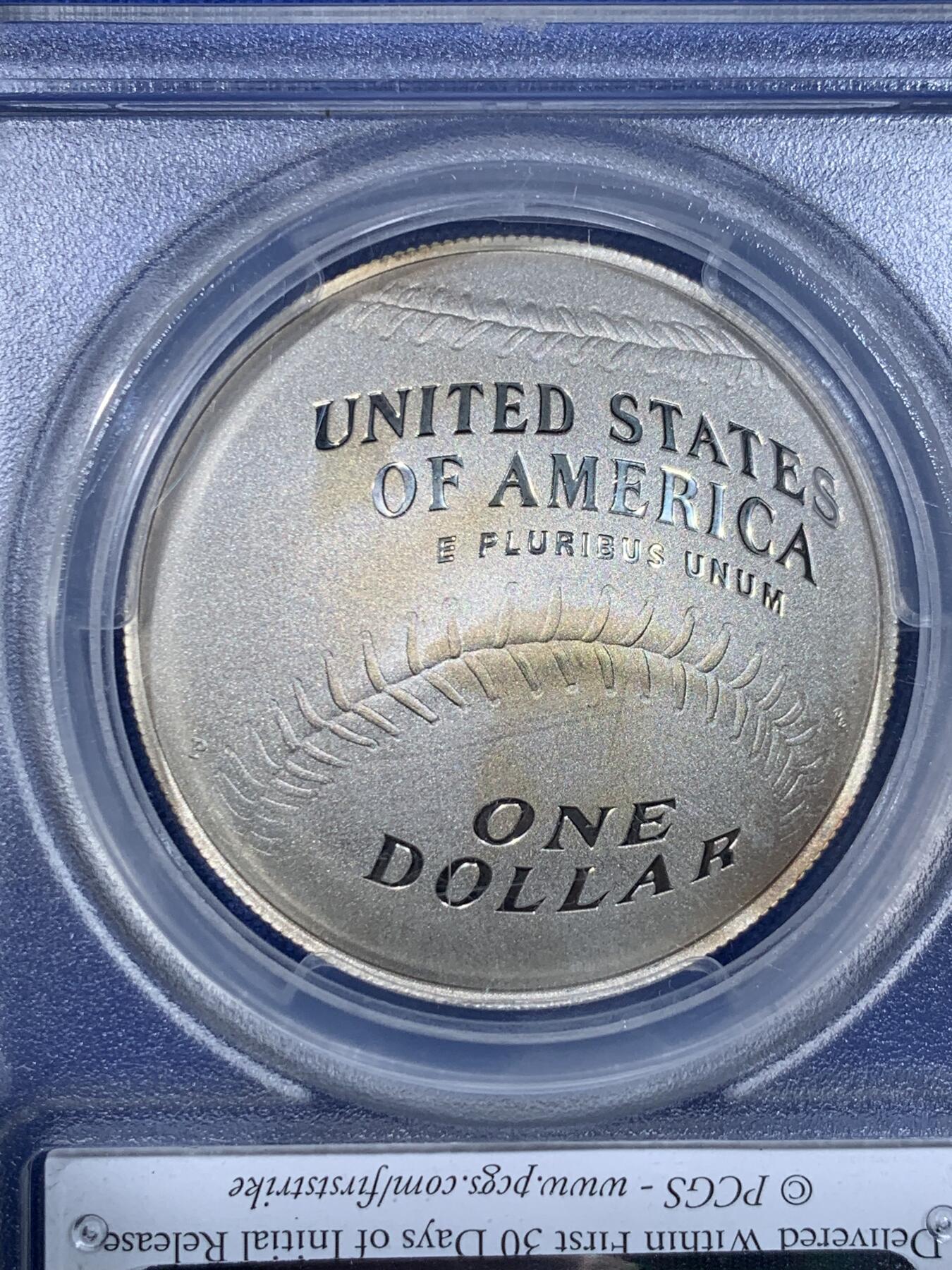 《竞宝斋》第442场 周日，周一，2场连拍 （全场包邮） PCGS PR69DCAM 美国2014年P版棒球名人堂1美元弧形大银币 加厚盒 细节见图