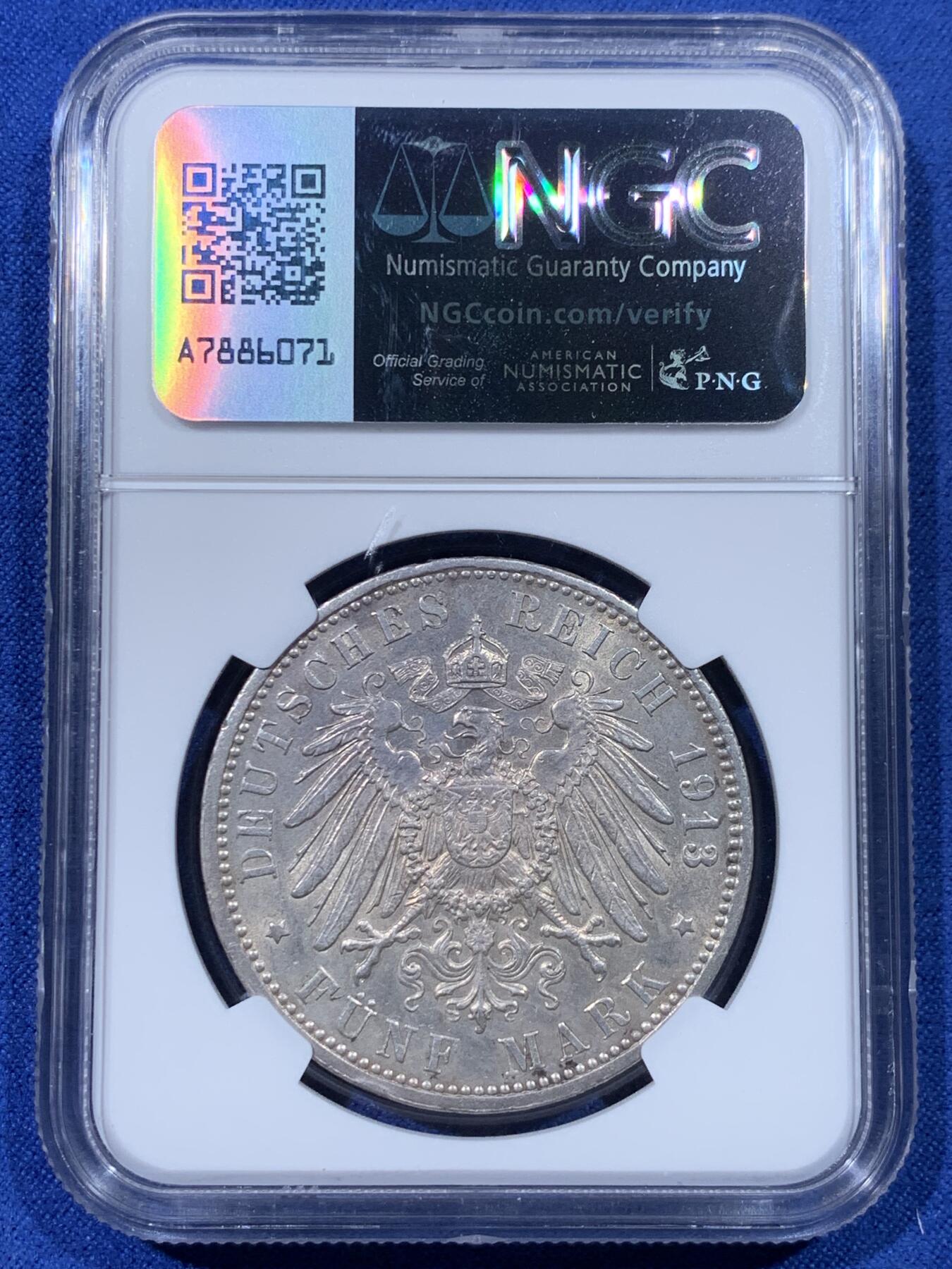 《竞宝斋》第442场 周日，周一，2场连拍 （全场包邮） NGC AU58 德国 汉堡  1913 双狮 5马克 品相不错 疑似低评