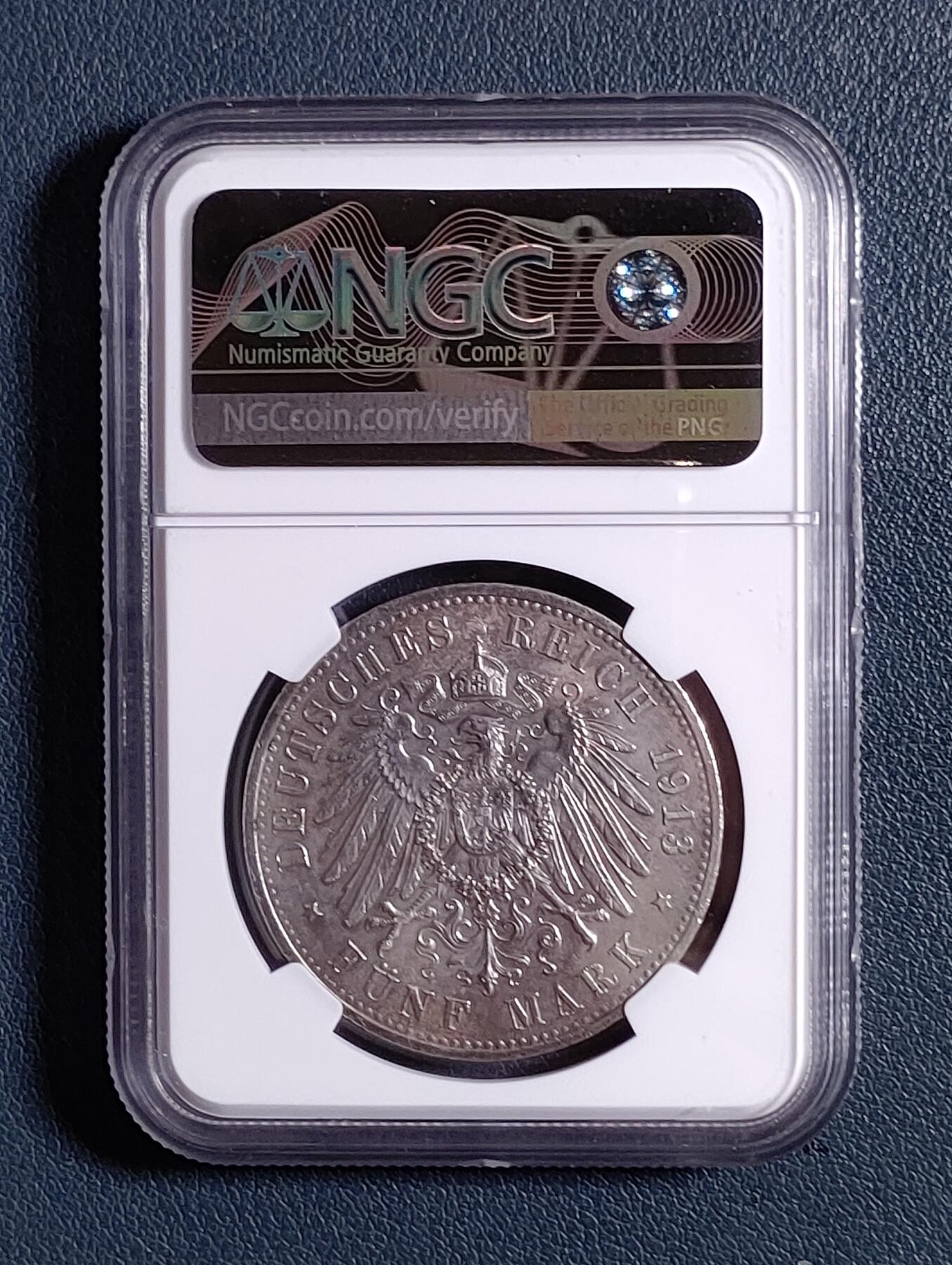 NGC UNC德国1913年A版普鲁士王国威廉二世（军装版）5马克银币