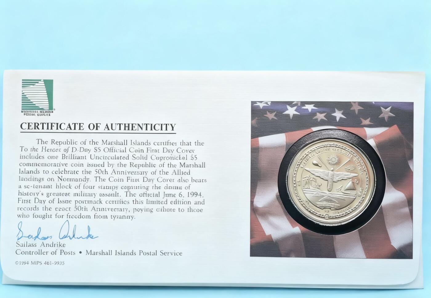 盛世勋华——号角文化勋章邮票专场拍卖第289期 美属马绍尔群岛1994年诺曼底登陆50周年5元纪念币邮币封，限量发行，包含一枚5美元纪念币与一套4枚75分纪念邮票。4枚邮票图案分别展示了D-Day相关元素（战机、岸防炮、登陆舰队等），均标注“D-Day June 6th Normandy 1944”。