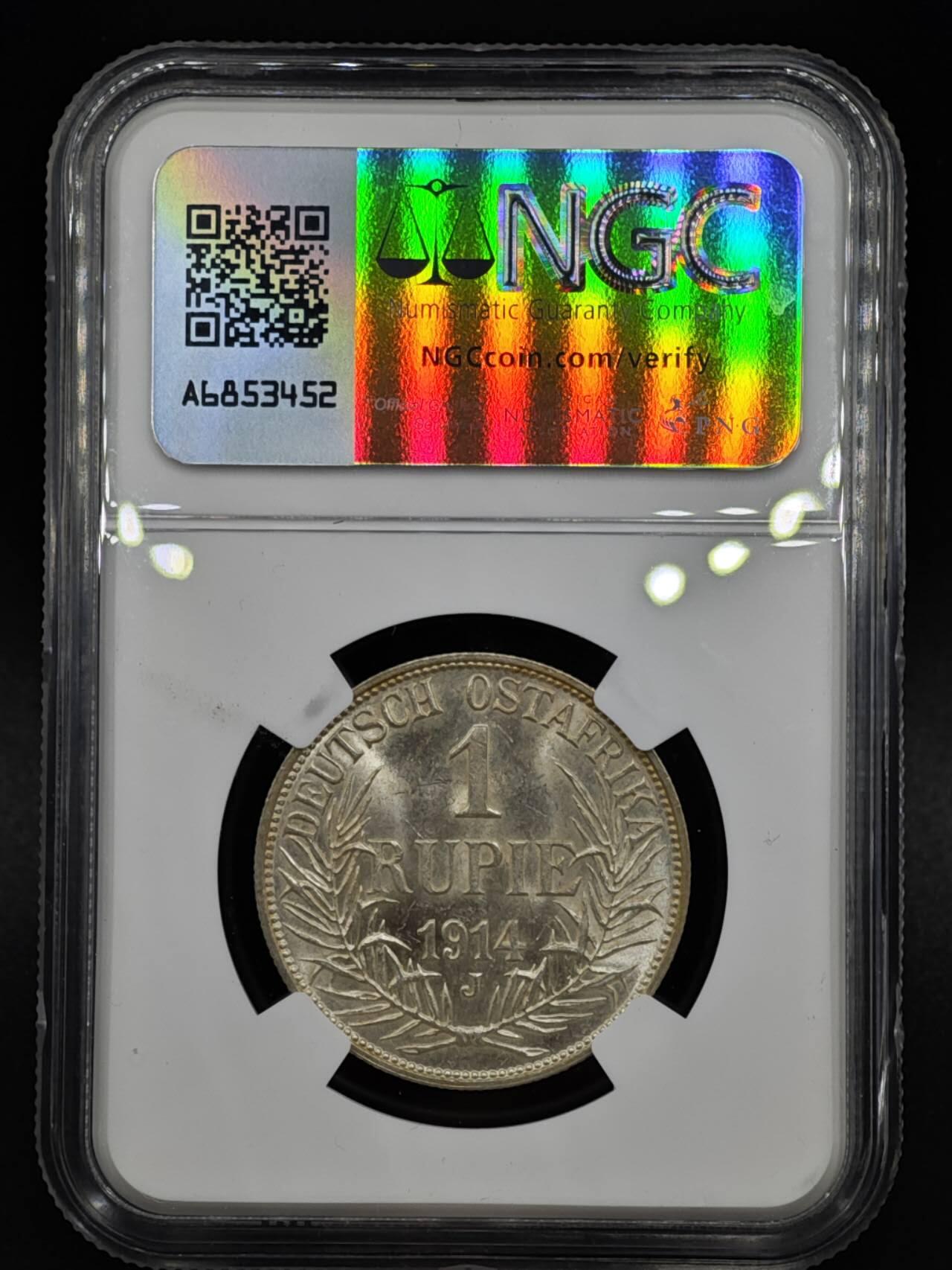 【淘币小摊】实时拍第八百零八拍   银币套币场   满百包邮可预留二周 每周一统一发货   德属东非1914年1卢比银币 NGC MS61