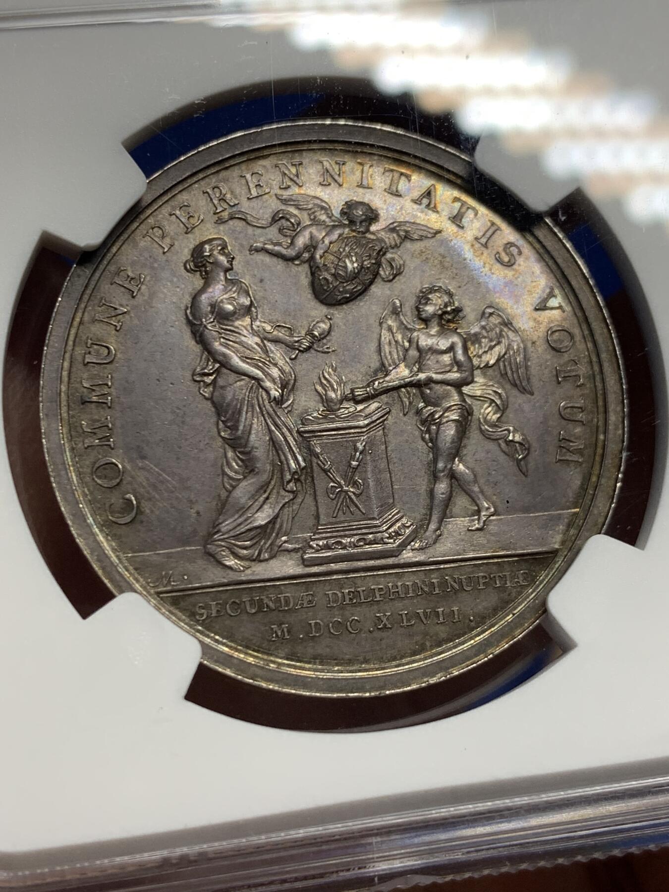 《竞宝斋》第442场 周日，周一，2场连拍 （全场包邮） NGC MS62 法国 1747年 路易十五 婚礼银章 高点清晰 这个品相着实少见