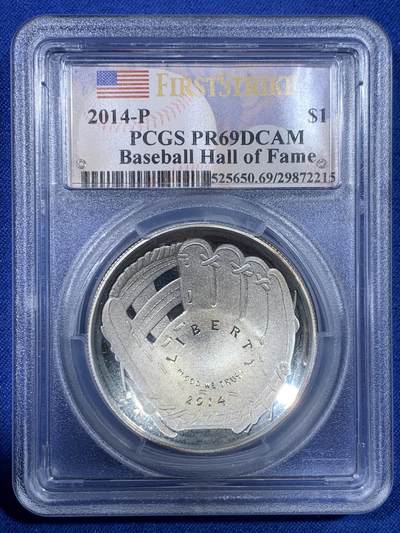 《竞宝斋》第442场 周日，周一，2场连拍 （全场包邮） - PCGS PR69DCAM 美国2014年P版棒球名人堂1美元弧形大银币 加厚盒 细节见图