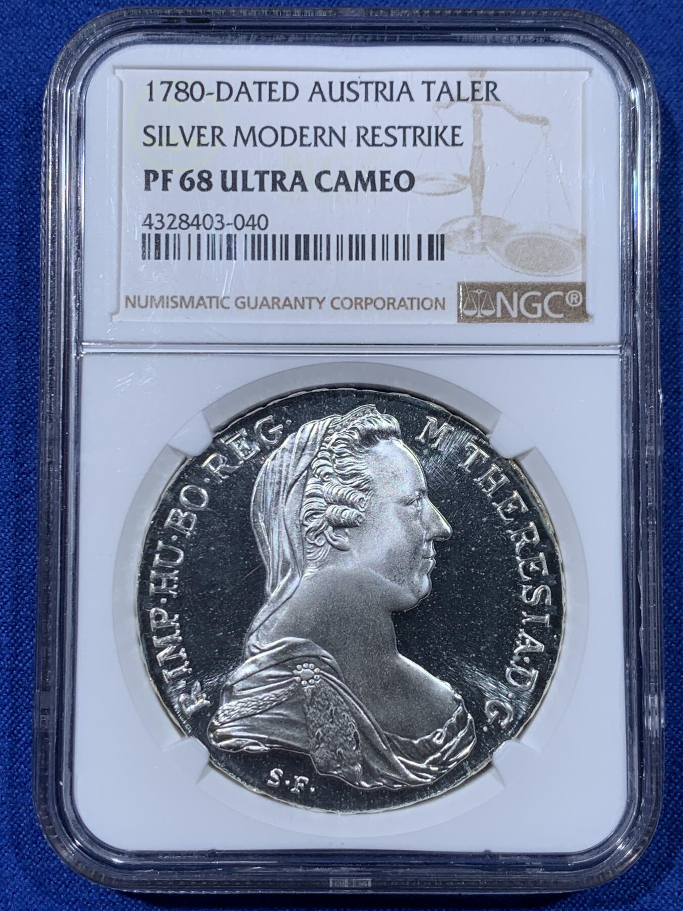 《竞宝斋》第442场 周日，周一，2场连拍 （全场包邮） NGC PF68UC 奥地利1780大奶妈泰勒精制银币 后铸版