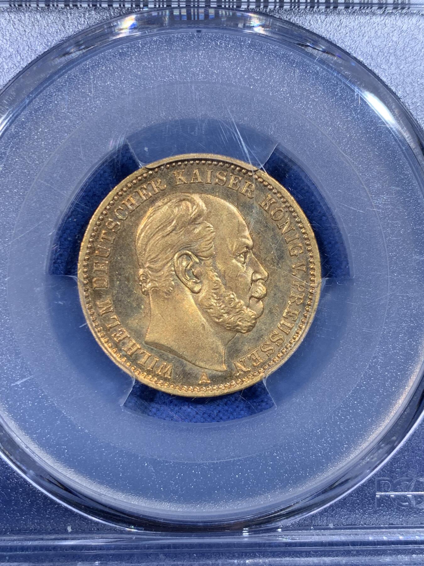 《竞宝斋》第442场 周日，周一，2场连拍 （全场包邮） PCGS MS64 德国普鲁士1872A威廉一世20马克金币 7.96克 900金 德二早期20马克，少见品种，64分不易，类镜面很漂亮
