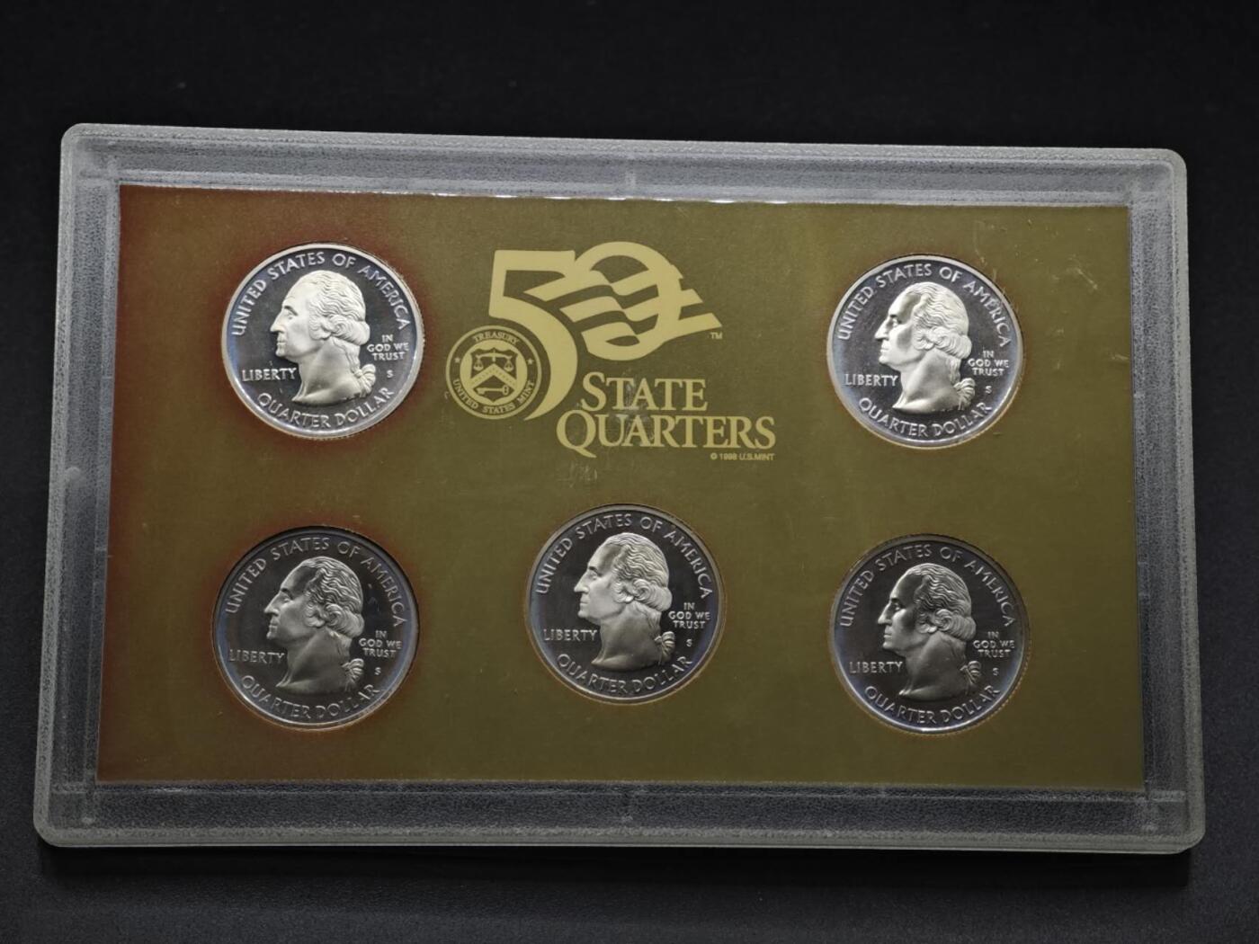 【淘币小摊】实时拍第八百零八拍   银币套币场   满百包邮可预留二周 每周一统一发货   美国2003年州币纪念精制银币5枚套每枚6.25克900银 银价321