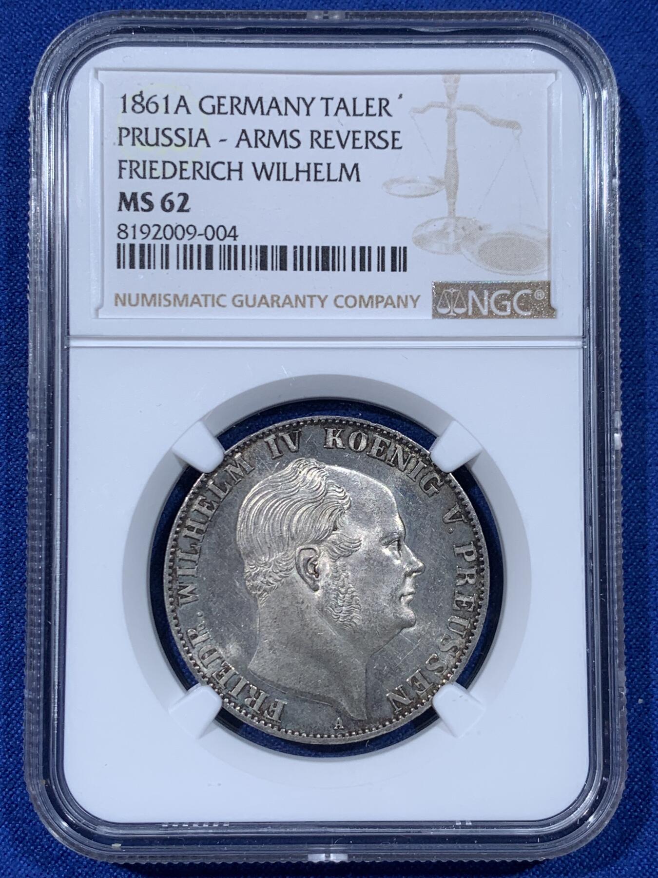 《竞宝斋》第442场 周日，周一，2场连拍 （全场包邮） NGC MS62 德国1861年普鲁士威廉四世一泰勒，小特年，威廉四世与威廉一世交接年份，远少于同品种其他年份发行量，仅发行10000枚，打制锋利，类镜面效果