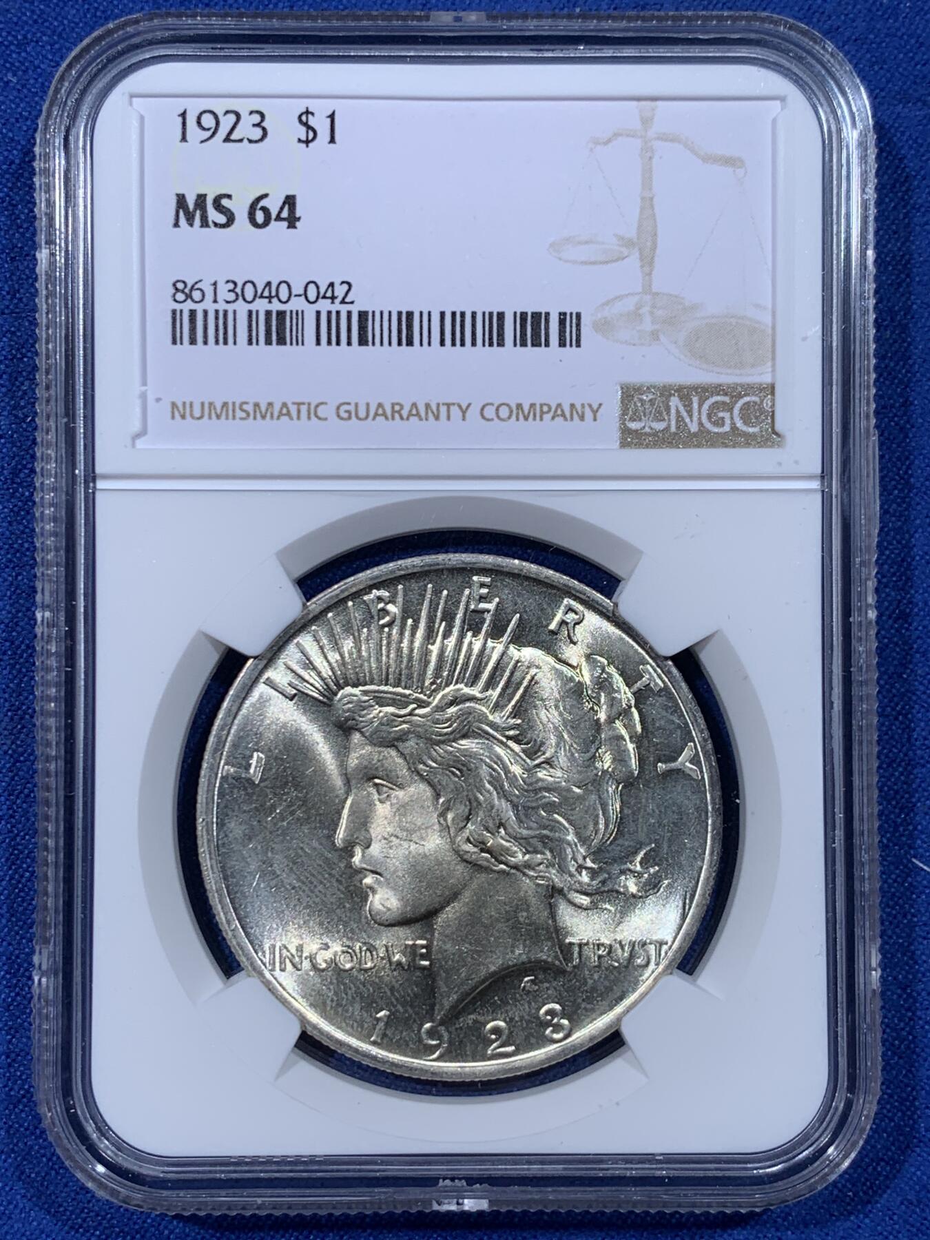 《竞宝斋》第442场 周日，周一，2场连拍 （全场包邮） NGC MS64 美国1923年和平银币，丝滑底板，霜感十足，值得入藏