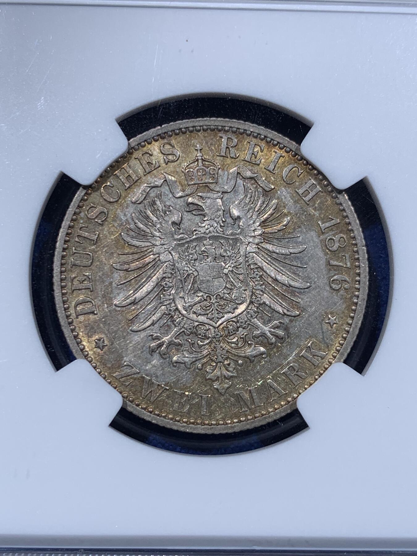 《竞宝斋》第442场 周日，周一，2场连拍 （全场包邮） 两枚一组 德国普鲁士2马克银币 NGC AUD 威廉一世 1876B + NGC AU58 威廉二世 1903A  德二祖孙 一次凑齐