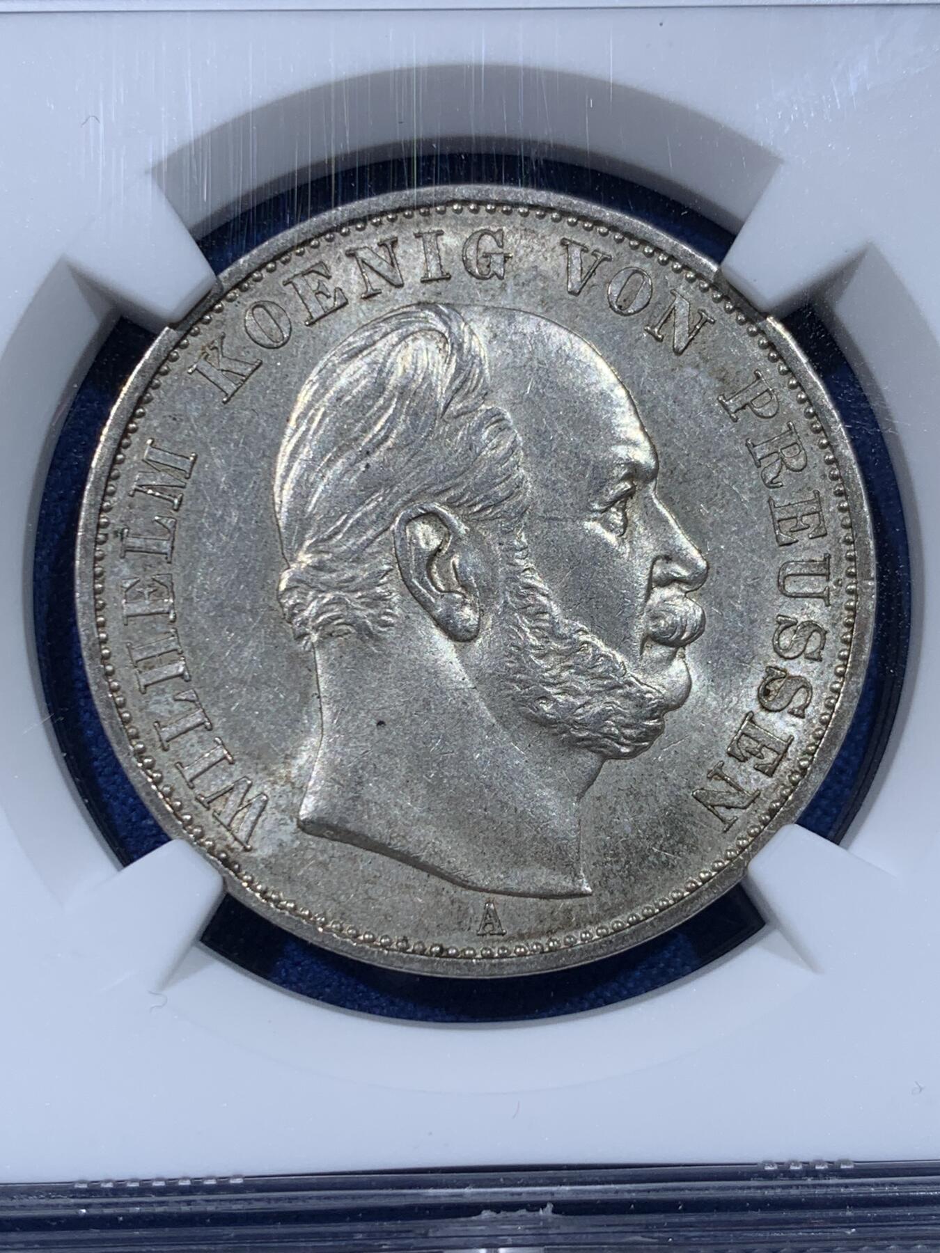 《竞宝斋》第442场 周日，周一，2场连拍 （全场包邮） NGC MS62 德国 普鲁士 1871 威廉一世 胜利泰勒 胜利泰勒必入品种，女武神面容清晰。