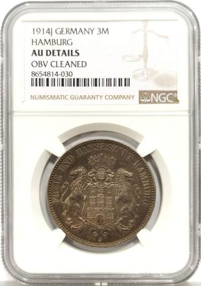 博洋堂世界钱币拍卖第149期（全场包邮） - NGC AU 德国汉堡1914年3马克银币