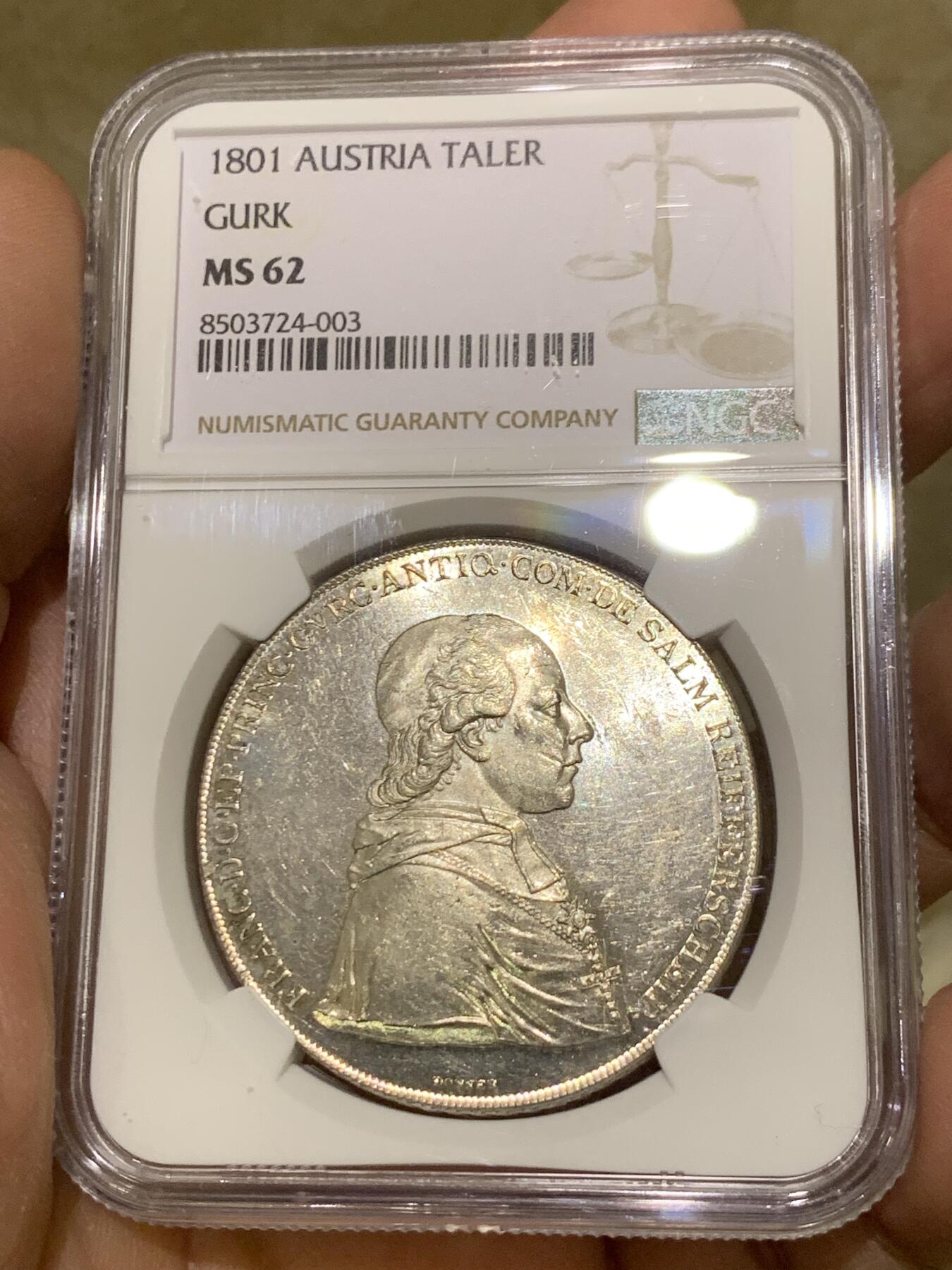 《竞宝斋》第442场 周日，周一，2场连拍 （全场包邮） NGC MS62 奥地利GURK 1801年 1泰勒银币 较少见单年品种 白净光度好