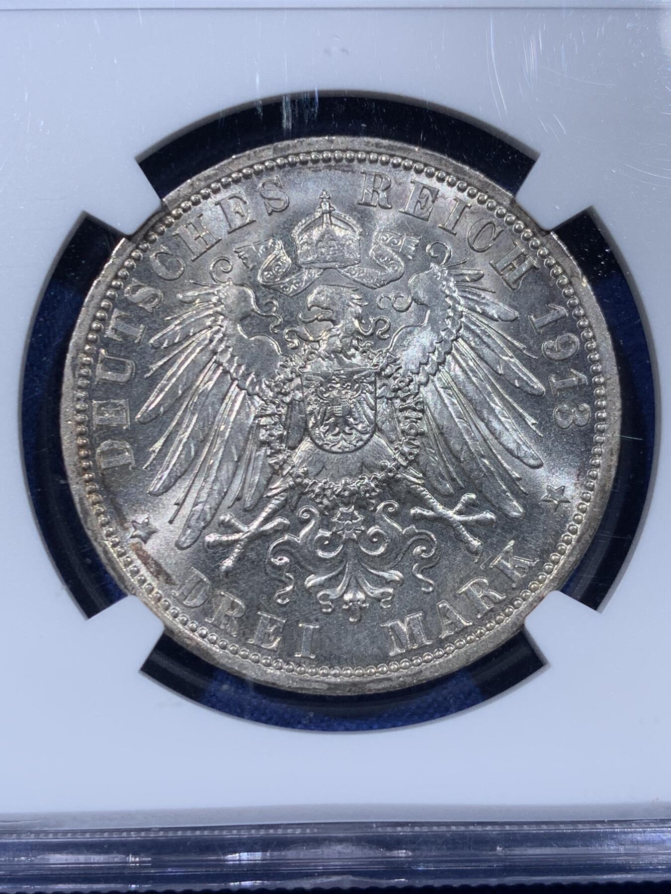 《竞宝斋》第442场 周日，周一，2场连拍 （全场包邮） NGC MS63 德国普鲁士1913年威廉二世即位25周年银禧纪念3马克银币 完整原光漂亮