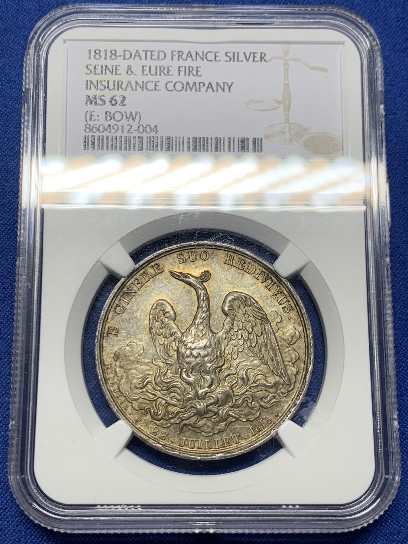 《竞宝斋》第442场 周日，周一，2场连拍 （全场包邮） NGC MS62 少见圆形火灾互助保险银章，浴火凤凰，边铭少见：BOW