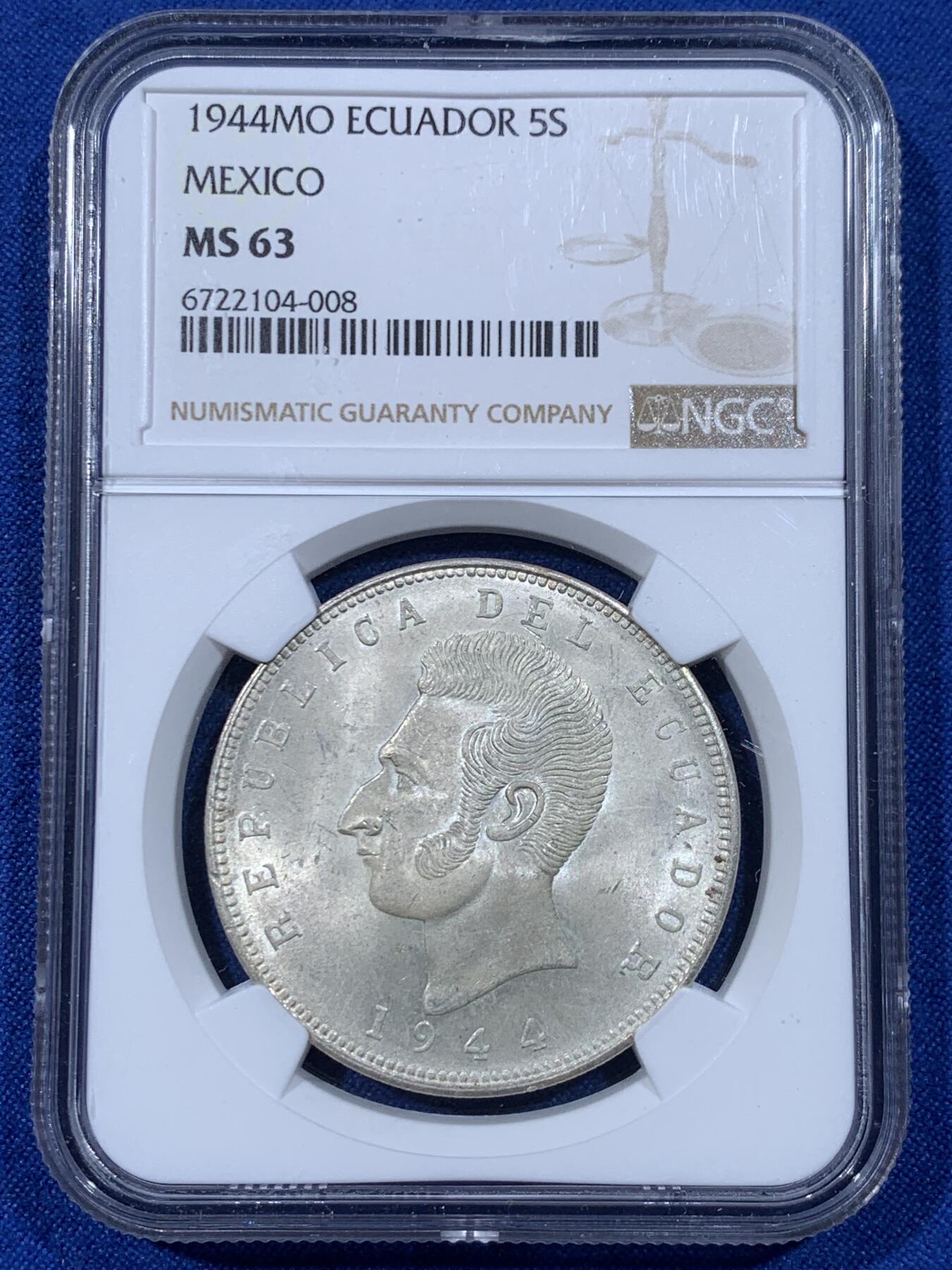 《竞宝斋》第442场 周日，周一，2场连拍 （全场包邮） NGC MS63 厄瓜多尔1944年5苏克雷大银币