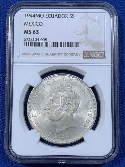 《竞宝斋》第442场 周日，周一，2场连拍 （全场包邮） - NGC MS63 厄瓜多尔1944年5苏克雷大银币