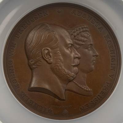 掌中浮雕-藏着的欧洲第043场 - NGC MS64 : 1870年杜塞尔多夫莱茵河铁路桥铜章，L.wiener雕刻，71mm