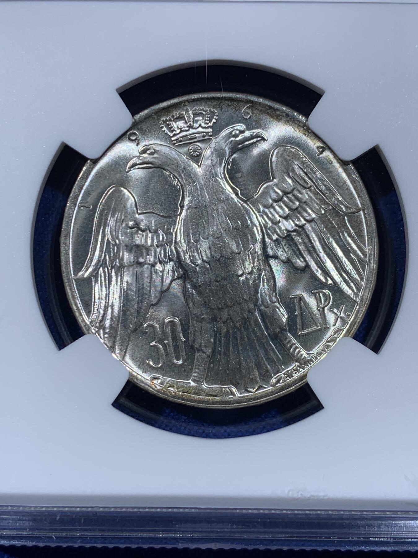 《竞宝斋》第442场 周日，周一，2场连拍 （全场包邮） NGC MS66 希腊1964年皇室婚礼30德拉克马纪念银币 高分难得！