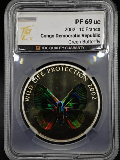 【淘币小摊】实时拍第八百零八拍   银币套币场   满百包邮可预留二周 每周一统一发货   - 2002年民主刚果10非洲法郎幻彩精制银币  野生动物保护-绿蝴蝶 25克925银 发行量：5千 TQG PF69UC