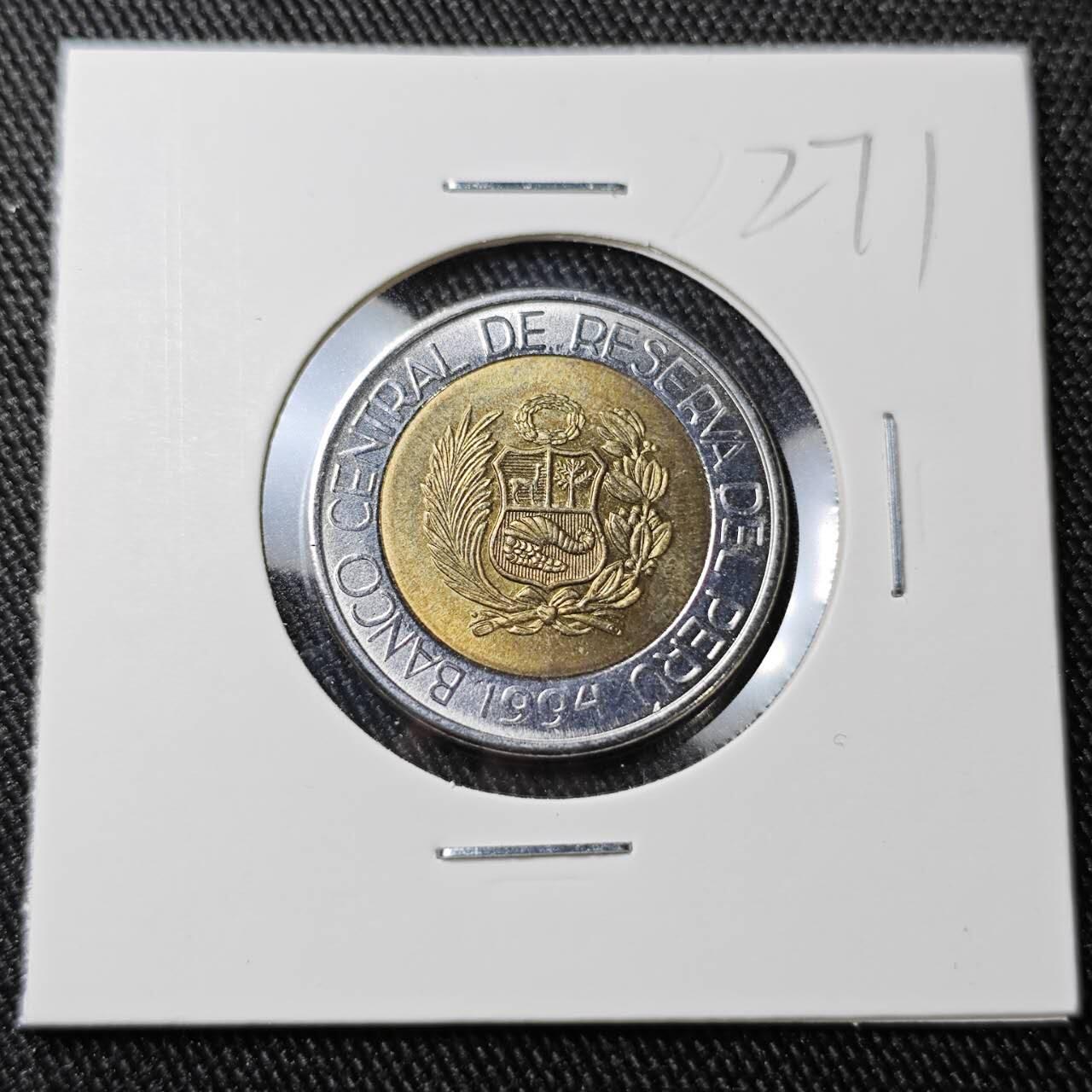 KK钱币收藏小铺 （套币 好品/批量散币 银币）专场  2月预留时间 周末发货  1994秘鲁5索尔双色币 好品少见！