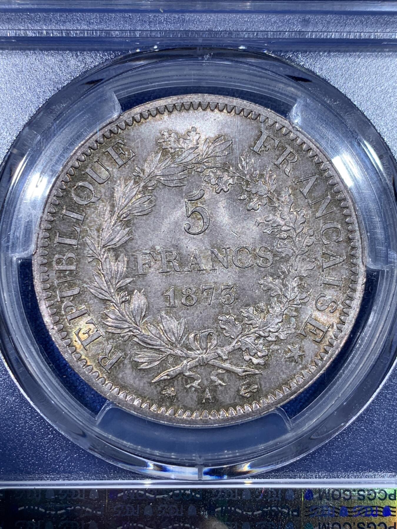 《竞宝斋》第442场 周日，周一，2场连拍 （全场包邮） PCGS MS66 原光金彩法国1873年大力神5法郎银币，高分少见