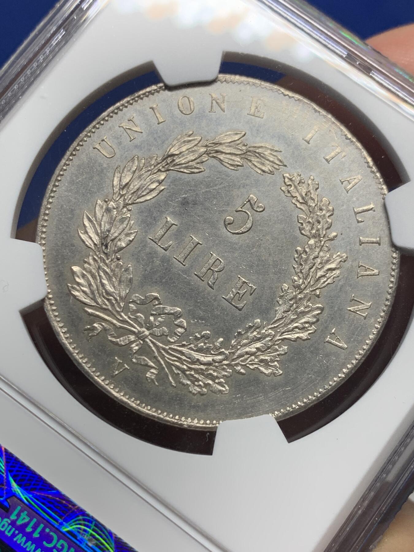 《竞宝斋》第442场 周日，周一，2场连拍 （全场包邮） NGC UNC 意大利 1848年 威尼斯革命临时政府飞狮5里拉 大银币 1.1W枚的发行量 性价比之选