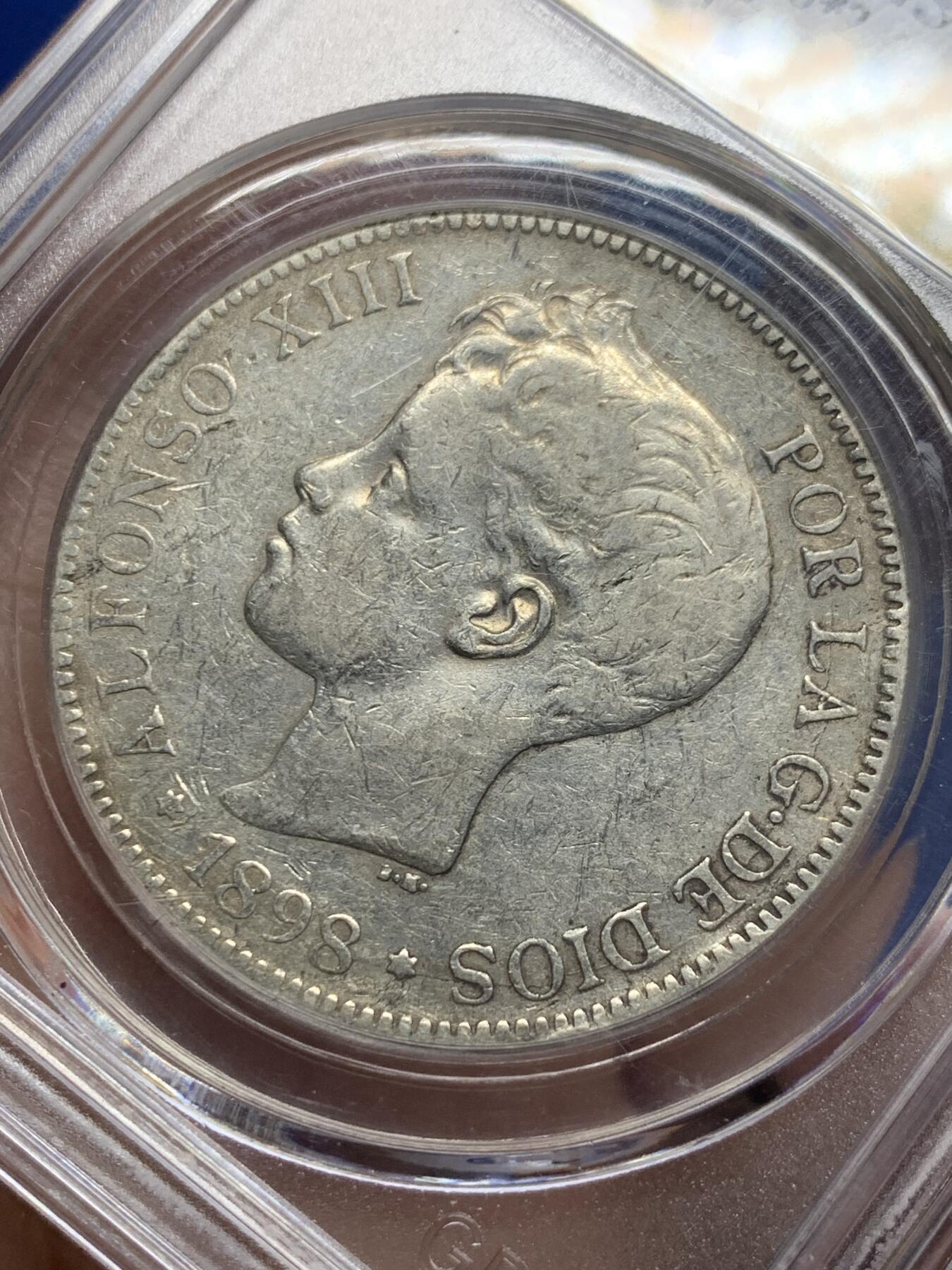 《竞宝斋》第442场 周日，周一，2场连拍 （全场包邮） 公博评级 XF45 西班牙1898年阿方索十三世5比塞塔银币