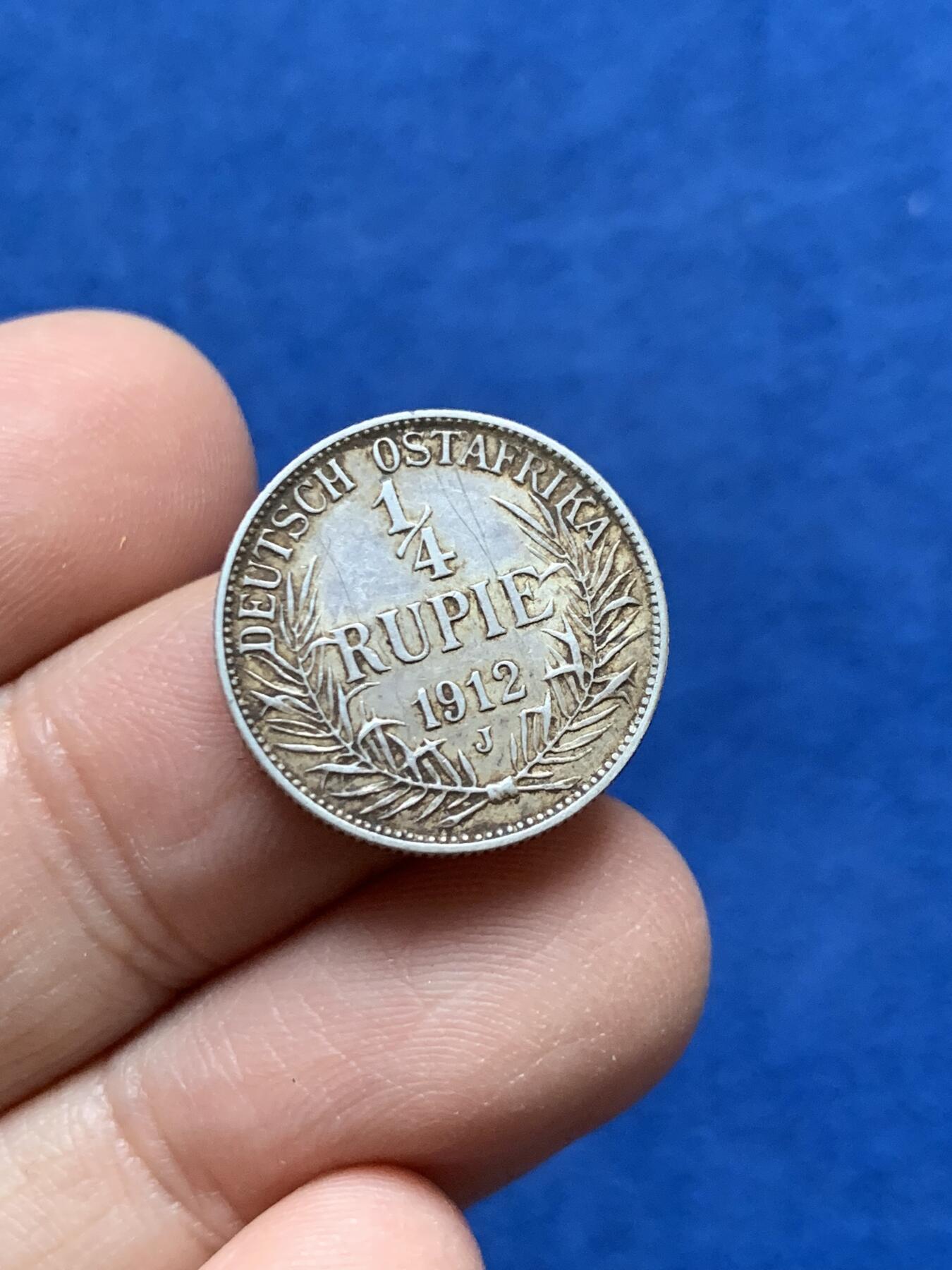 《竞宝斋》第442场 周日，周一，2场连拍 （全场包邮） 德属东非1912年1/4卢比银币 整体好品 细节见图
