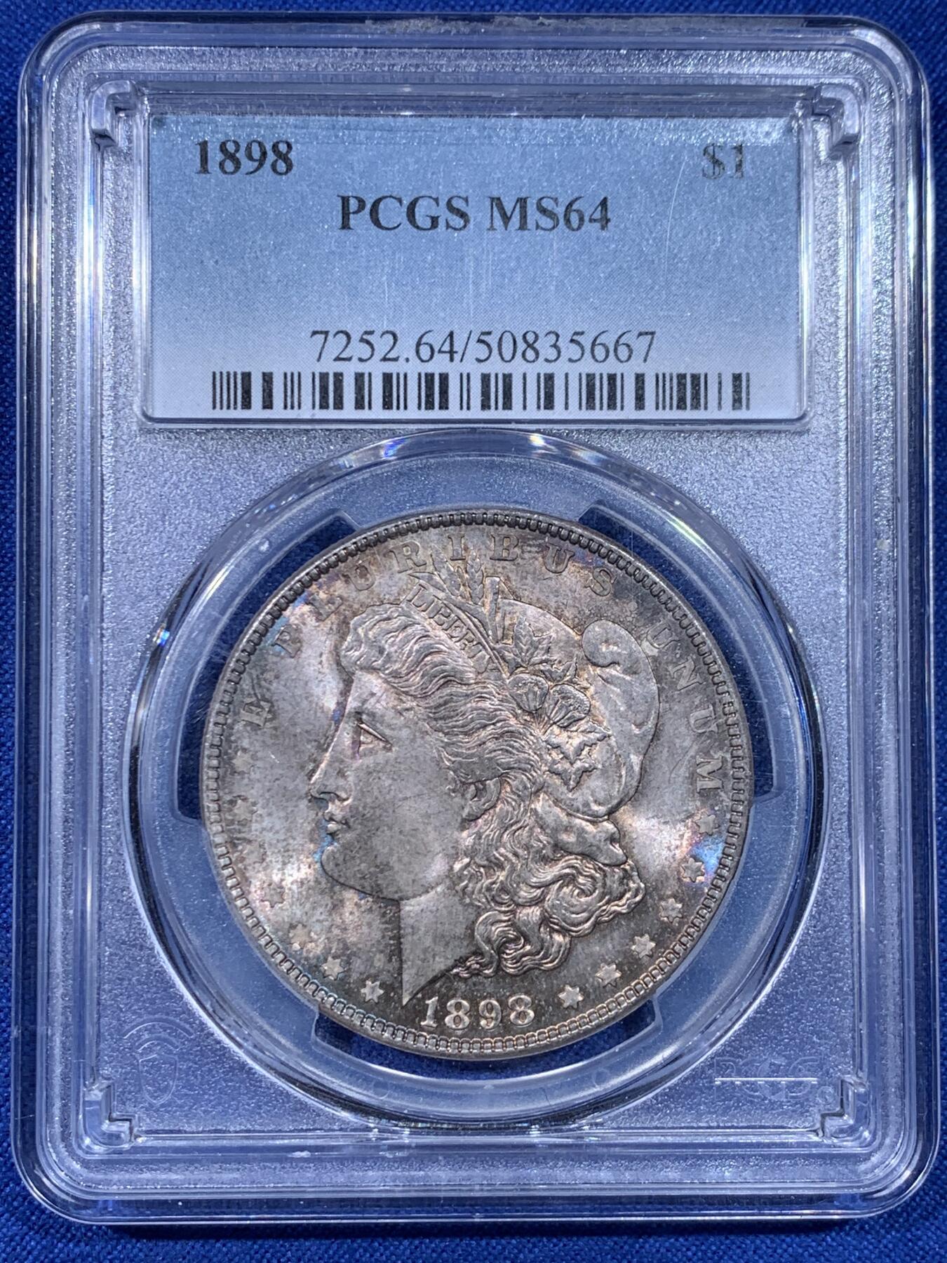 《竞宝斋》第442场 周日，周一，2场连拍 （全场包邮） PCGS MS64 美国 1898年摩根银币 单面幻彩 市场上比较少见的年份