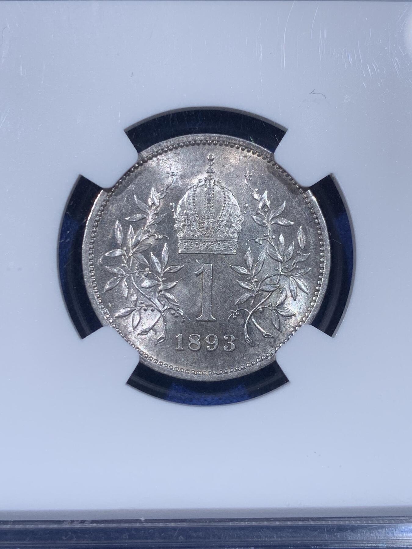 《竞宝斋》第442场 周日，周一，2场连拍 （全场包邮） NGC MS61 奥地利1893年1克朗银币 首年克朗 桂冠头像 不是烂大街的191x年秃头版 原光漂亮