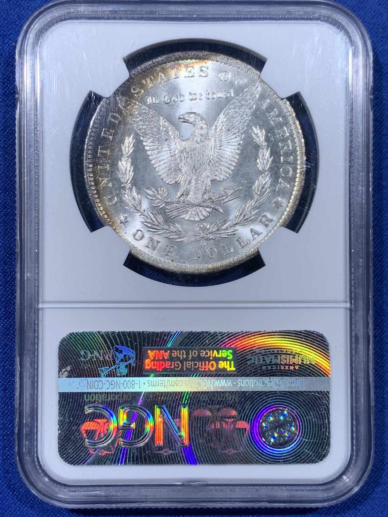 《竞宝斋》第442场 周日，周一，2场连拍 （全场包邮） NGC MS64 美国1884年摩根银币O厂 双面五彩月牙