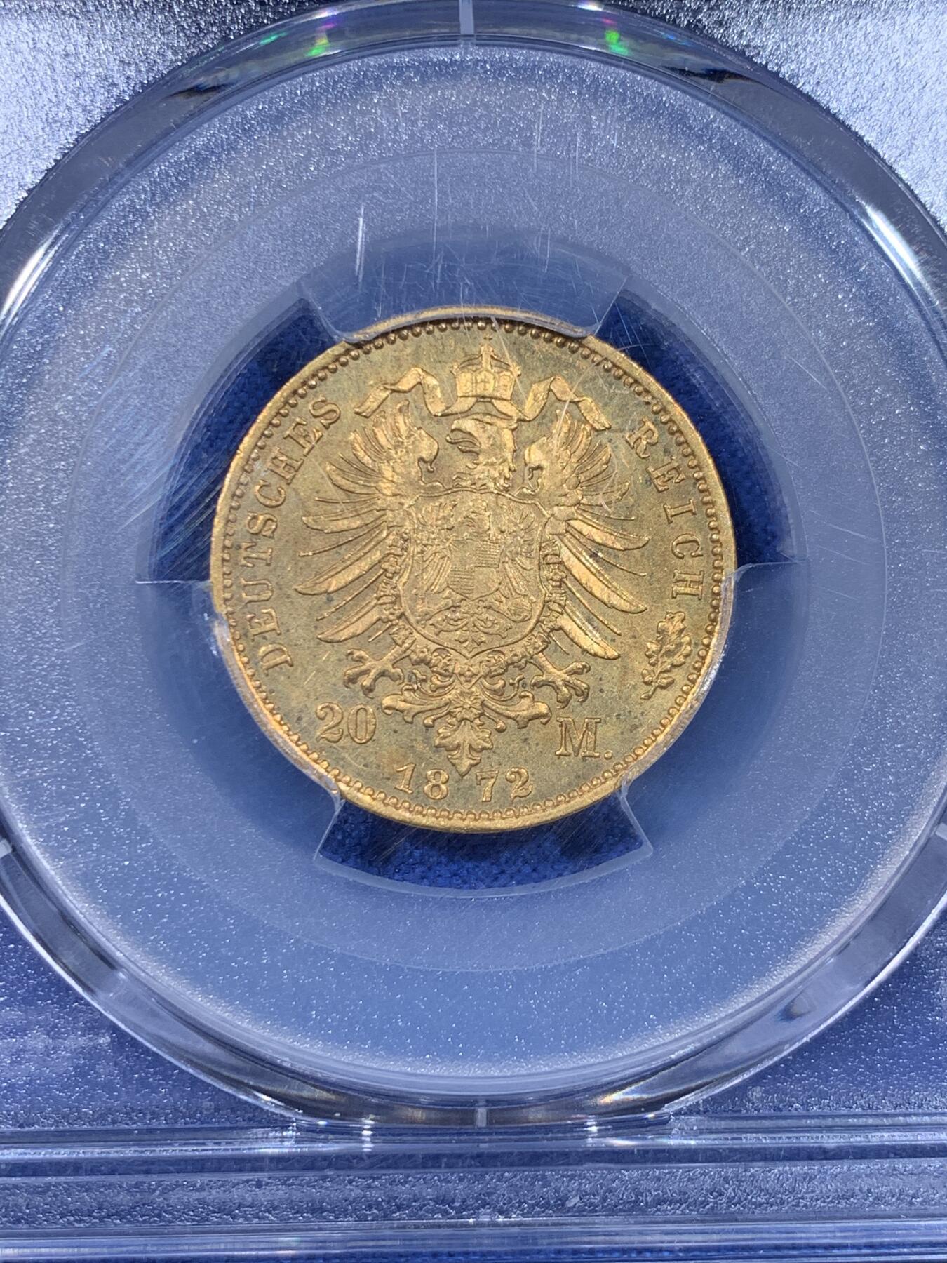 《竞宝斋》第442场 周日，周一，2场连拍 （全场包邮） PCGS MS64 德国普鲁士1872A威廉一世20马克金币 7.96克 900金 德二早期20马克，少见品种，64分不易，类镜面很漂亮