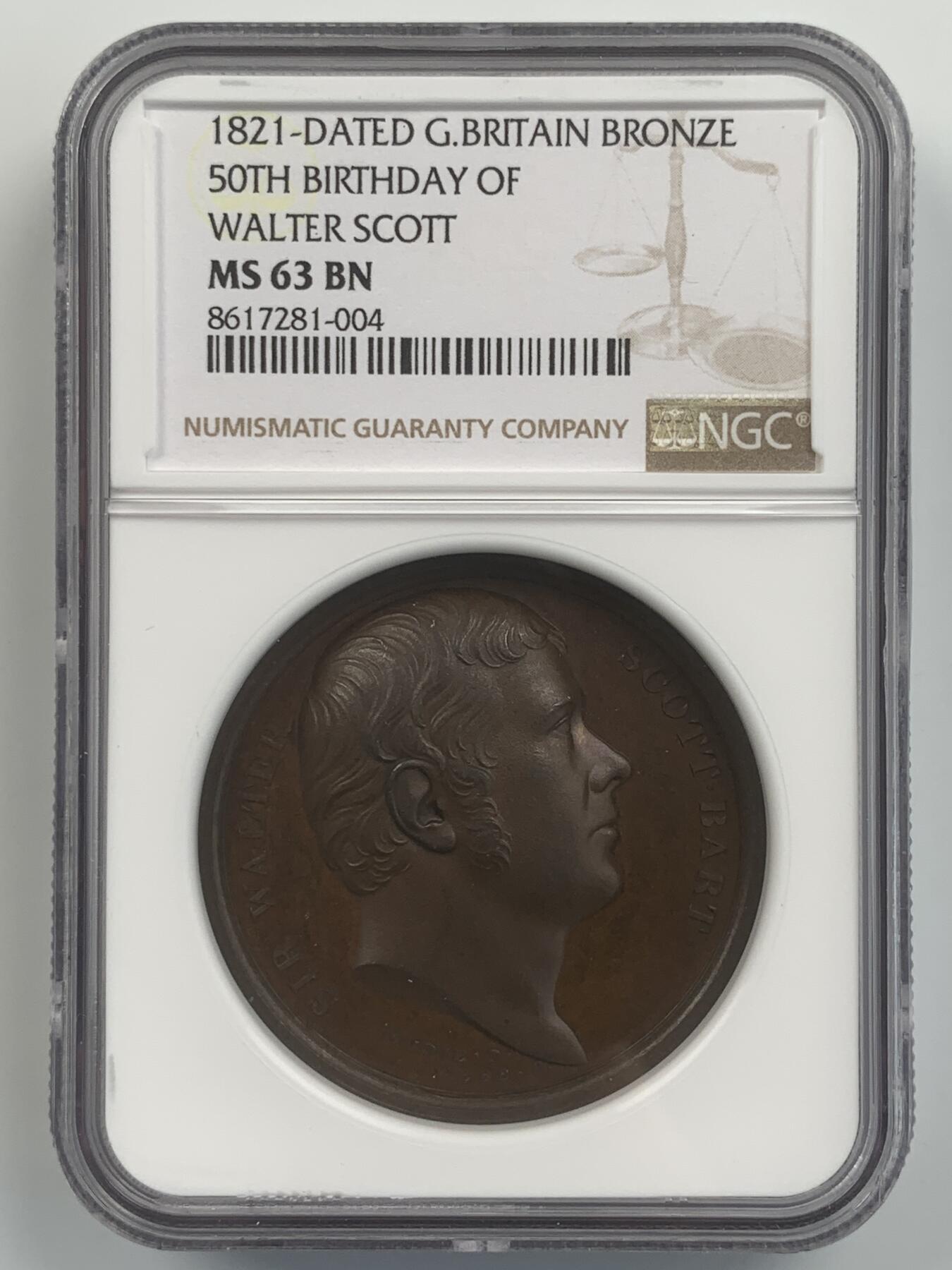 掌中浮雕-藏着的欧洲第043场 NGC MS63 : 1821年英国诗人司各特铜章，T. Webb and B. R. Faulkner雕刻, J. Mudie出品, 40.5mm，少见品种