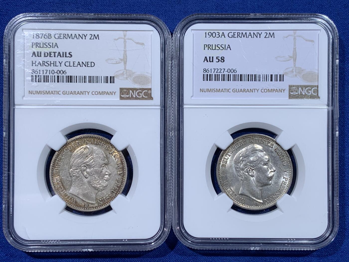 《竞宝斋》第442场 周日，周一，2场连拍 （全场包邮） 两枚一组 德国普鲁士2马克银币 NGC AUD 威廉一世 1876B + NGC AU58 威廉二世 1903A  德二祖孙 一次凑齐