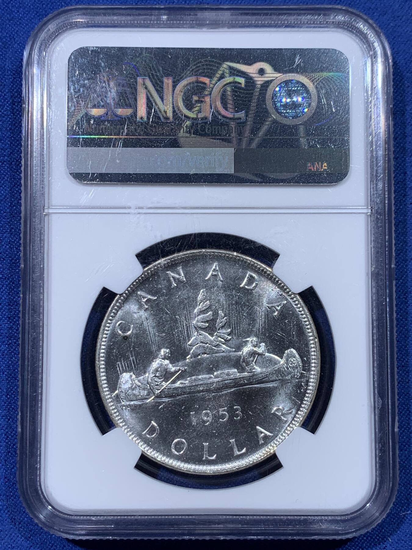 《竞宝斋》第442场 周日，周一，2场连拍 （全场包邮） NGC MS64 加拿大 1953 伊丽莎白女王年轻头像 划船一元银币