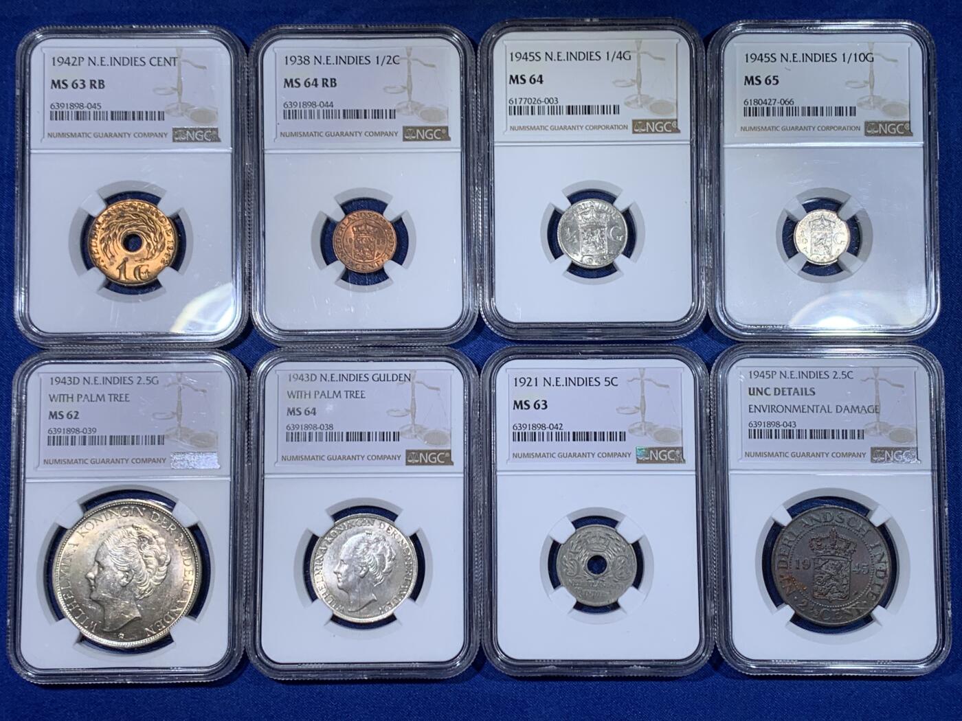 《竞宝斋》第442场 周日，周一，2场连拍 （全场包邮） 八枚一组 NGC UNCD-MS65 荷属东印度3铜1镍4银大全套，收集难度大于荷属库拉索，日本藏家币送评，性价比不错的1套，值得拥有。