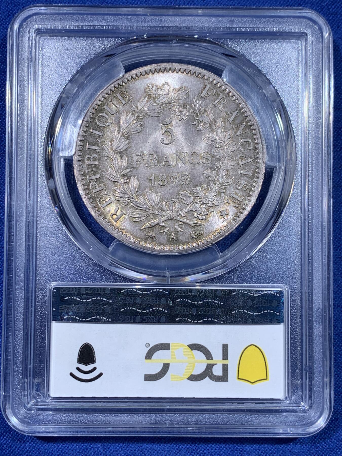 《竞宝斋》第442场 周日，周一，2场连拍 （全场包邮） PCGS MS66 原光金彩法国1873年大力神5法郎银币，高分少见