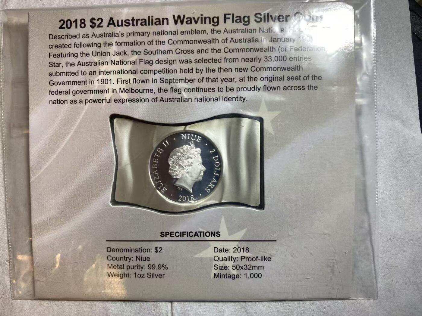 ❤️【币观天下】❤️ 第332期钱币拍卖- 2025.11.28周五晚上6点半场-长期征集拍品 2018年纽埃发行澳大利亚国旗彩色银币 发行量1000 原包装