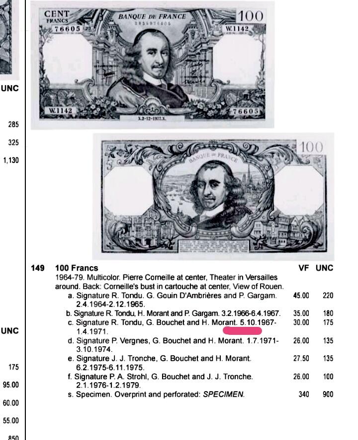 近全新法国1968年100法朗稀缺靓品纸币-著名法国古典主义戏剧家皮埃尔.髙乃依像纸币