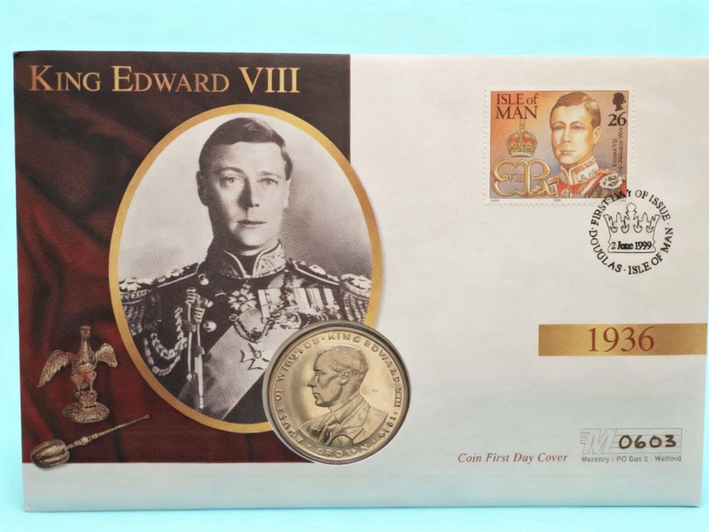 盛世勋华——号角文化勋章邮票专场拍卖第289期 英国1983年直布罗陀爱德华八世主题纪念币首日封，克朗型纪念币，搭配纪念邮票，纪念英国爱德华八世（1936年在位，因“爱美人不爱江山”退位），信封印其肖像与“KING EDWARD VIII”字样，搭配的纪念币也以他为主题，对应其1936年的统治历史。